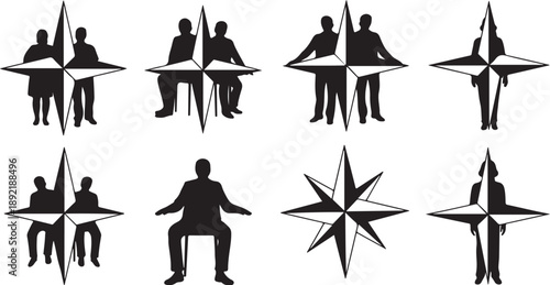 Silhouettes of People with Compass Navigation Symbols