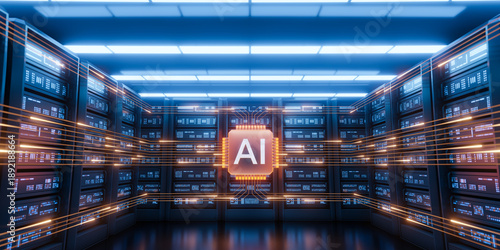 Futuristic AI Server Room with Data Flow and Glowing Chip