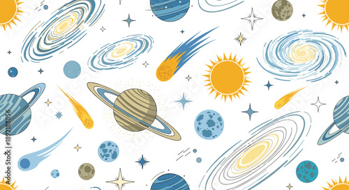 Seamless pattern of cartoon space elements including planets, spiral galaxies, suns, comets, and stars on a clean white background.