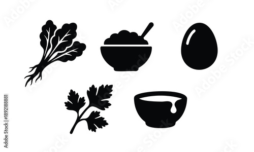 Passover silhouette bundle food elements with bitter herbs and egg