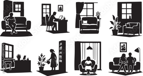Living Room Scenes with People and Furniture Silhouettes