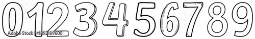 Hand drawn set of outline numbers from zero to nine in doodle sketch style