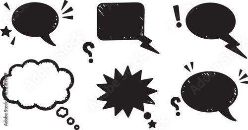 Doodle conversation clouds. Dialogue chat bubbles with small talk phrases, think or talk clouds. Hand drawn speech bubbles vector symbols set.