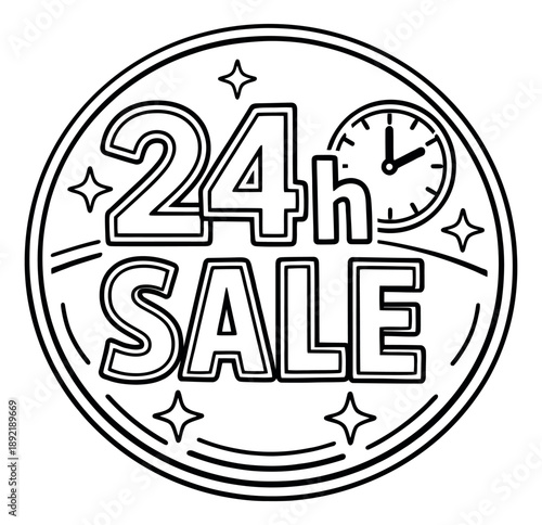 Line art illustration of a 24h sale badge depicting a special promotional event for retail advertising