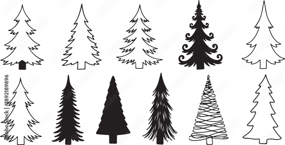 Obraz premium Forest tree silhouettes collection. Pine trees horizontal pattern panorama backgrounds. Vector illustration