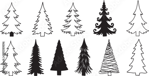 Forest tree silhouettes collection. Pine trees horizontal pattern panorama backgrounds. Vector illustration