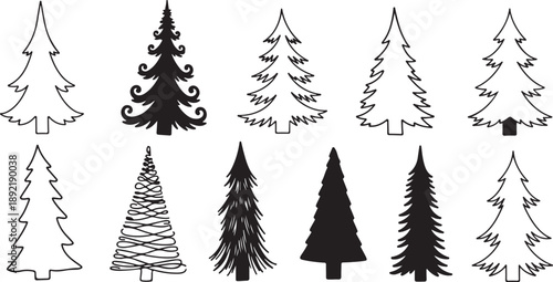 Forest tree silhouettes collection. Pine trees horizontal pattern panorama backgrounds. Vector illustration