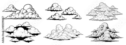 Collection of vintage hand drawn cloud illustrations with decorative swirl and hatching textures