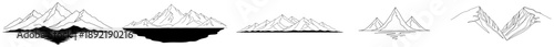 Minimalist mountain range sketches and landscape line art illustrations with peaks and water reflections