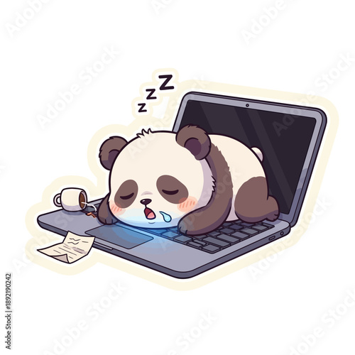 Cartoon panda bear sleeping on laptop keyboard with snore.