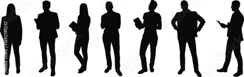 Business people silhouettes standing and working with devices, diverse professionals in office poses, teamwork concept and corporate communication isolated on white background for commercial use.