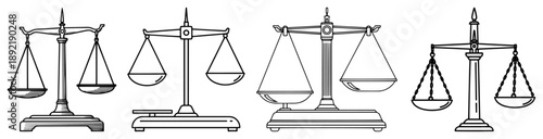 Set of four justice scales and weighing balance icons in minimalist line art style