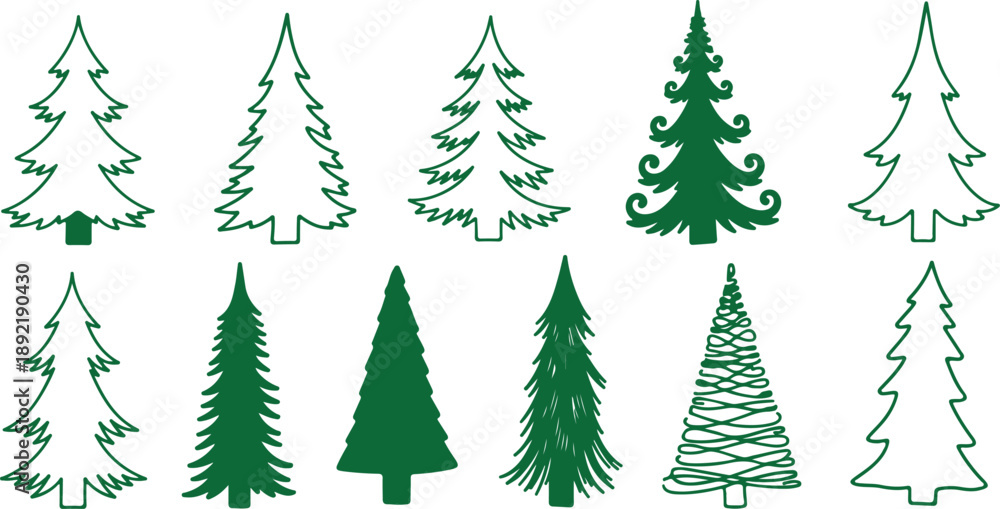 Obraz premium Forest tree silhouettes collection. Pine trees horizontal pattern panorama backgrounds. Vector illustration