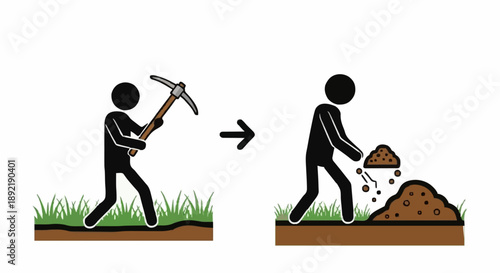 Person digging with pickaxe and moving dirt icon.