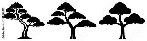 Collection of stylized black and white silhouettes of oriental bonsai or pine trees