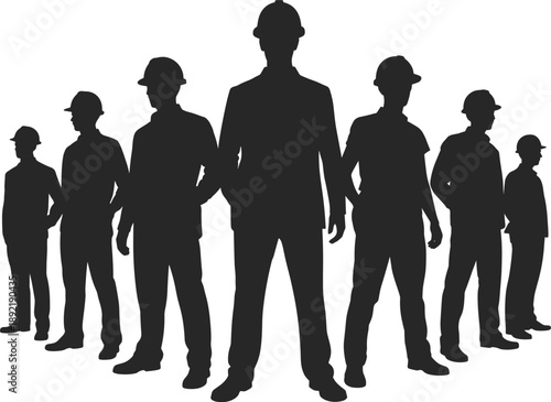 Silhouette group of construction workers wearing safety helmets, symbolizing teamwork, leadership, industrial labor, engineering workforce and job site collaboration concept in illustration form