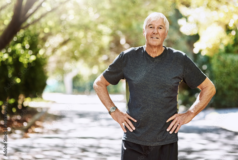 Fototapeta premium Portrait, senior man and active outdoor with fitness for workout start, positive mindset and wellness. Confident, elderly person and smile in neighborhood with bokeh, space and ready for exercise.