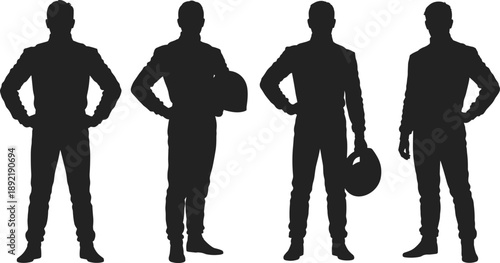 Silhouette group of race car drivers wearing protective racing suits and holding helmets, symbolizing motorsport safety, speed competition and professional auto racing concept illustration