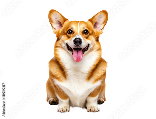 Happy Corgi Dog with Tongue Out, Tan and White Fur, Perked Ears, Sitting on Gray Studio Background - Joyful Pet Companion