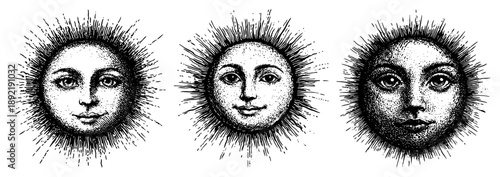Vintage engraving style sun with human face and radial rays collection