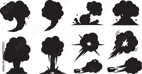 Cartoon explosion vector set of black burst effects on transparent background