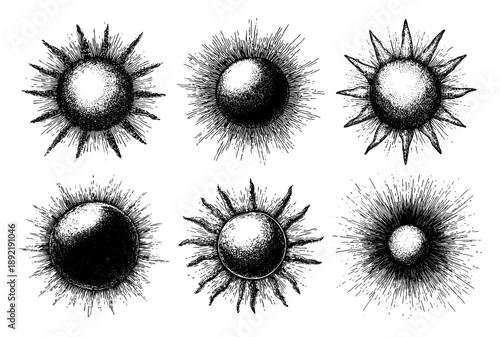 Set of mystical sun symbols in vintage engraving and occult style