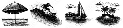 Summer vacation and nautical scene collection in vintage engraving style