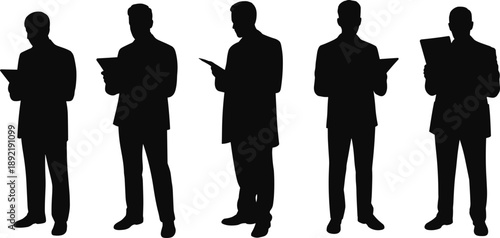 Silhouettes of business professionals reading and reviewing documents on digital tablets, corporate office communication and information management concept isolated on white background