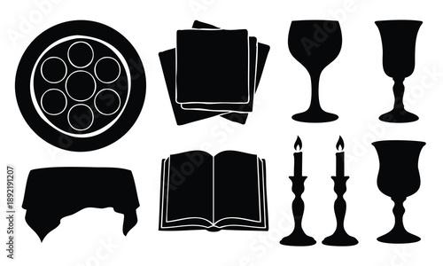Passover silhouette ritual objects set bundle isolated on white background