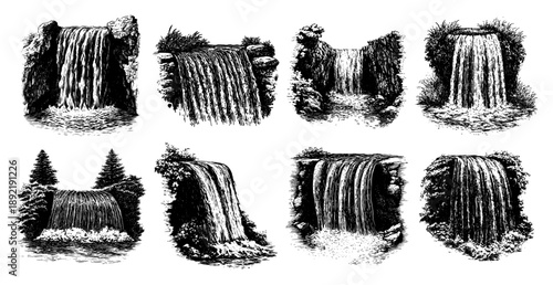 Collection of vintage hand drawn waterfall engravings in various nature landscapes