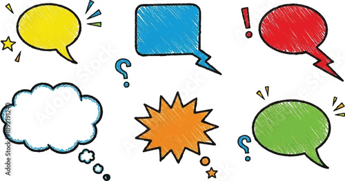 Doodle conversation clouds. Dialogue chat bubbles with small talk phrases, think or talk clouds. Hand drawn speech bubbles vector symbols set.