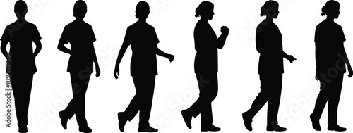 Silhouettes of female medical staff walking and standing in uniforms, healthcare professionals isolated on white background for clinic, hospital and nursing industry use.