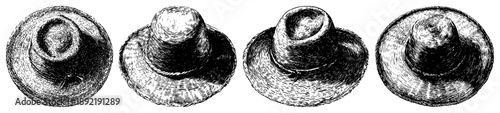 Set of vintage hand drawn straw hats for summer fashion and sun protection