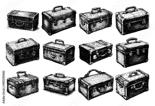 Set of detailed vintage suitcases and travel trunks in hand drawn engraving style