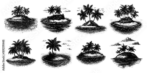 Collection of tropical island sketches with palm trees in vintage engraved style