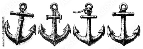 Set of detailed vintage nautical anchors with rope in hand drawn sketch style