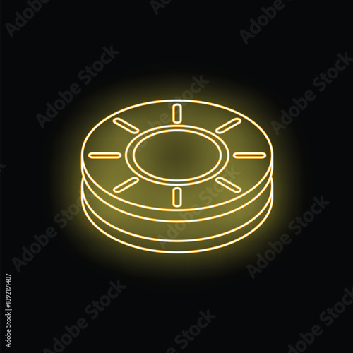 Neon poker chips stack glowing on black background, concept for online casino, gambling and betting