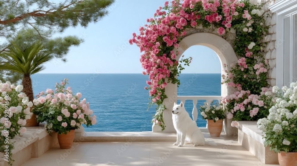 Fototapeta premium White samoyed dog sitting on a Mediterranean patio