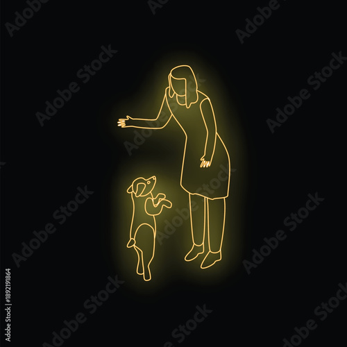 Neon yellow line drawing of a woman training her jumping dog