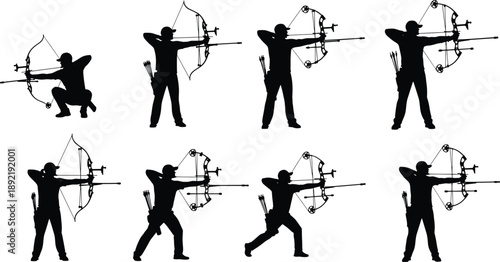 Collection, of, black, silhouettes, featuring, male, and, female, archers, aiming, compound, and, recurve, bows, for, sports, competition, hunting, and, recreation.