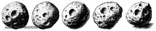 Set of detailed asteroids and moon rocks in vintage hand drawn engraving style