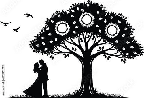 Romantic couple silhouette kissing under decorative tree with birds, black and white love illustration symbolizing romance, nature, wedding, unity, peaceful outdoor concept art