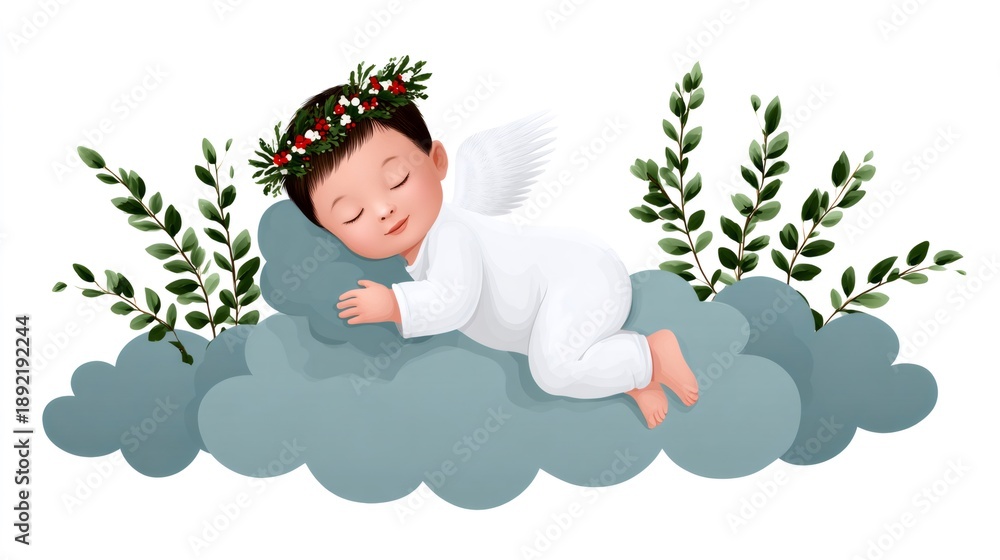 Obraz premium Baby angel sleeping on cloud with floral crown