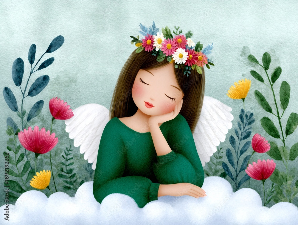 Fototapeta premium Dreaming angel girl wearing flower crown on cloud