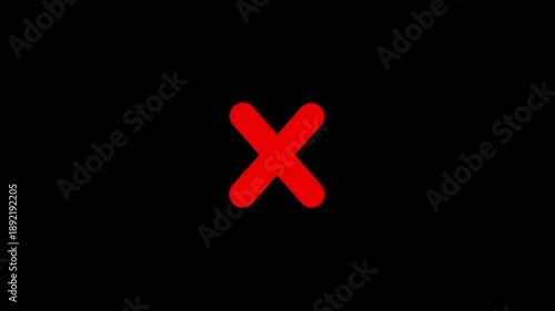red incorrect wrong answer no entry cross with diagonal strokes and rounded corners animating on and off the screen with plain black background that can be made invisible using screen blend mode