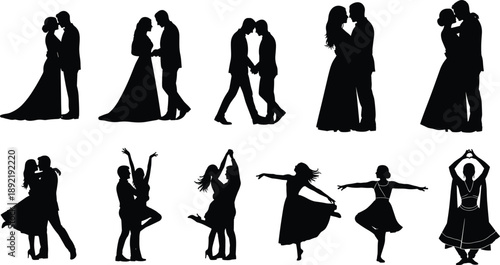 Romantic couple silhouette poses collection showing love, dance, embrace, and passion, black and white relationship illustration set for wedding, Valentine, romance, artistic design use