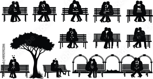 Romantic couple silhouettes sitting on park benches collection, black and white love scenes set for dating, relationship, wedding, Valentine, outdoor romance illustration designs