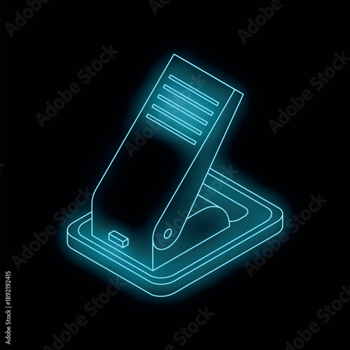 Glowing neon blue hole punch creating an icon for office supplies against a black background