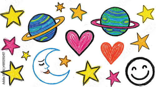 Colorful kids' pattern with hearts, stars, and planets