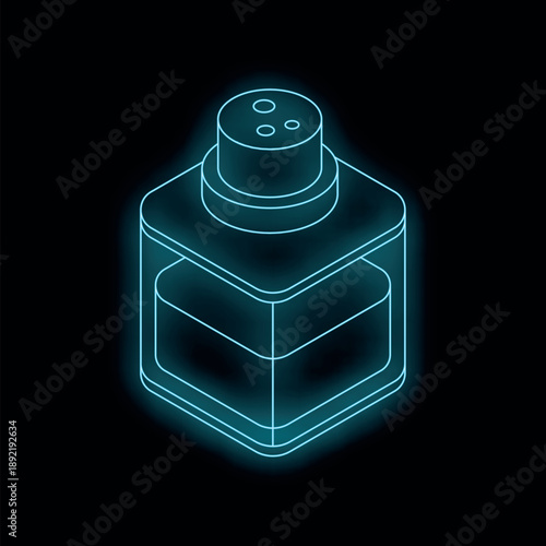 Glowing neon blue salt shaker on black background, representing cooking, dining, and flavor enhancement